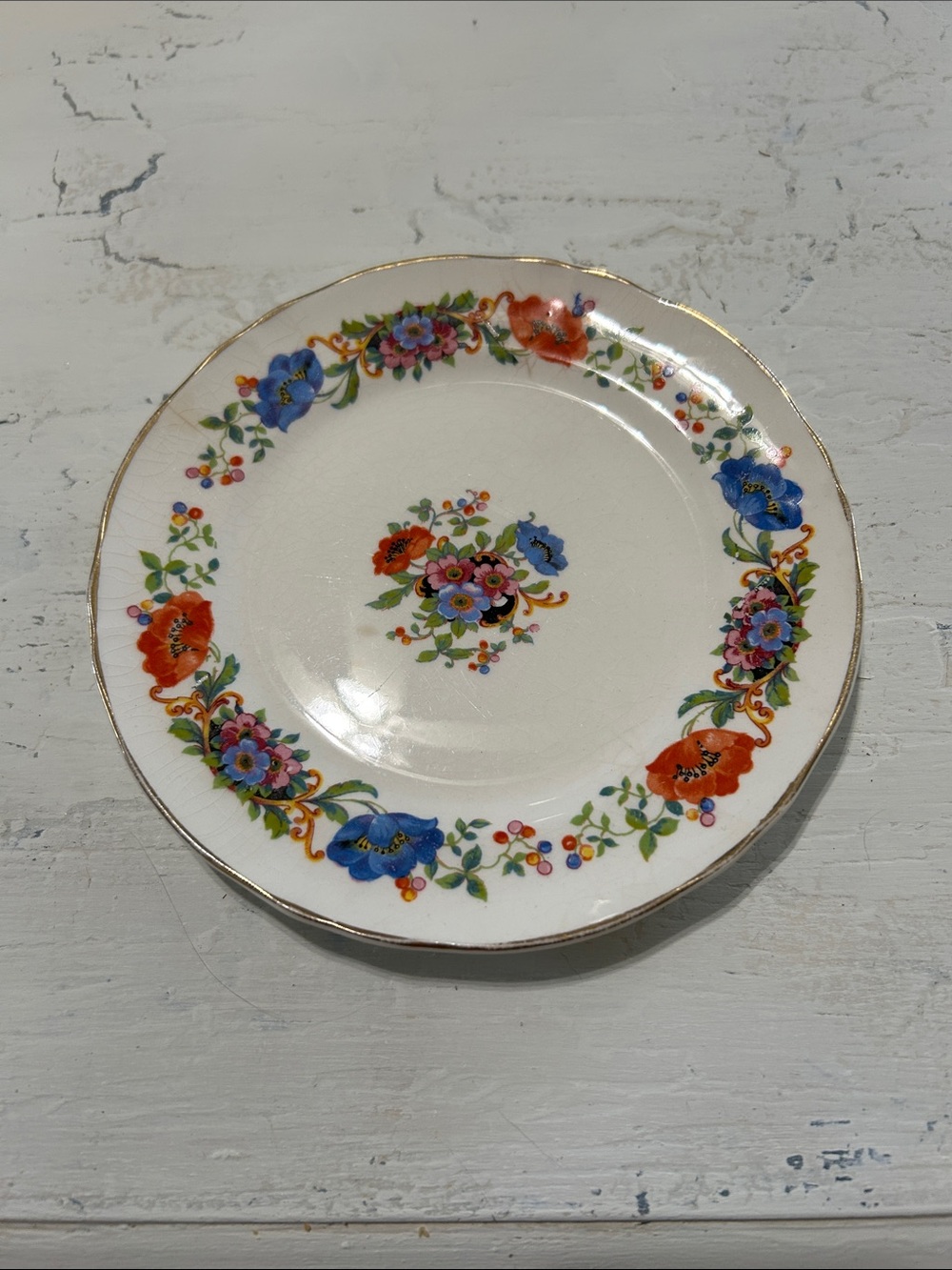 Vintage Floral Rim Bone China Salad Plate in White with Blue & Orange Flowers